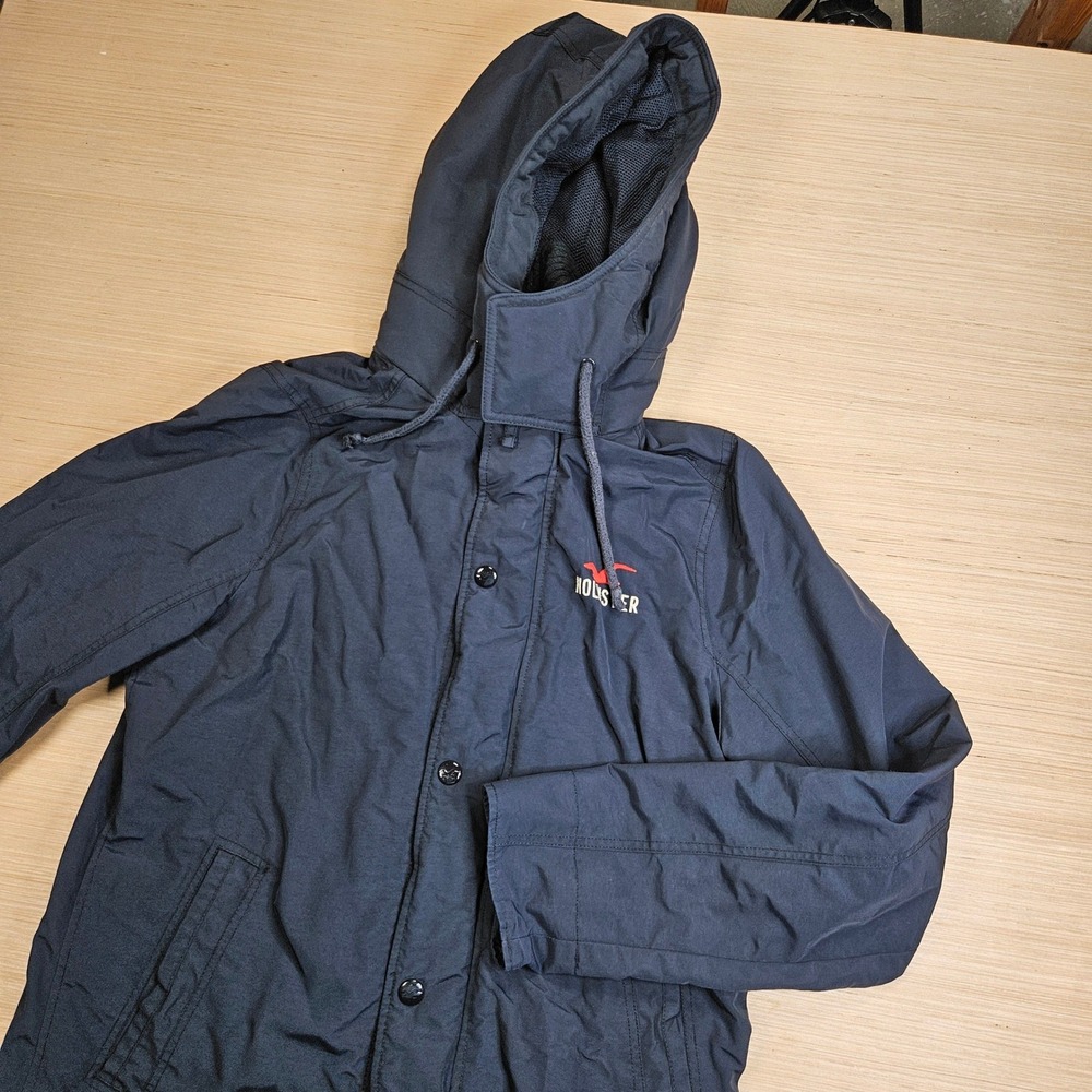 Y2K Hollister Windbreaker Jacket Men XL Navy Blue Knit Collar Hooded Mesh Lined